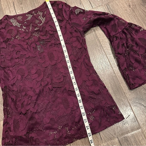 INC Women's Lace Top Sheer Bell Sleeve Purple Burgundy Size S Dark Fairy Boho - Picture 9 of 9